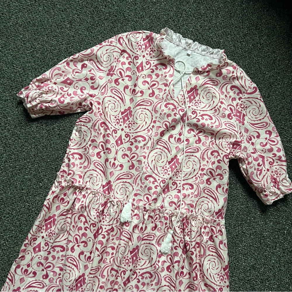 SHEIN Pink & White Boho Pattern Puff 3/4 short sleeve Maxi Midi Drawstring Dress